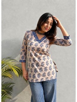 Gahan - Womens Rayon All Over Floral Printed V-Neck Kurti - Beige