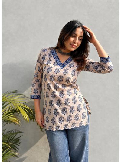 Womens Rayon All Over Floral Printed V-Neck Kurti - Beige