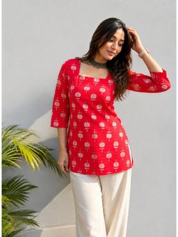 Gahan - Womens Red Floral Block Print Rayon Short Kurti - Red