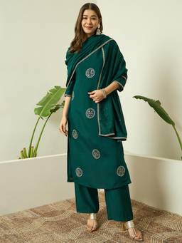 Gahan - Floral Embroidered Silk Blend Kurta With Pant & Cotton Silk Dupatta - Green
