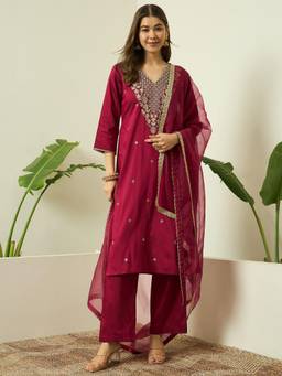 Gahan - Embroidered Silk Blend Kurta Pant & Organza Dupatta For Women - Pink