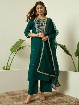 Gahan - Embroidered Silk Blend Kurta Pant & Organza Dupatta For Women - Green