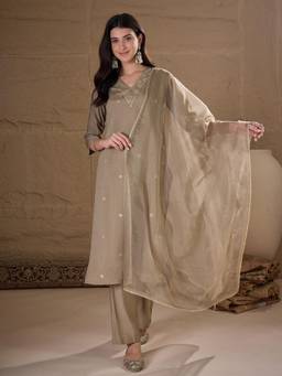 Gahan - Womens Embroidered Silk Blend Kurta With Pant & Organza Dupatta - Beige