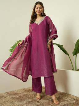 Gahan - Lace Work Fancy Pocket Chiffon Silk Kurta With Pant and Dupatta For Women - Magenta