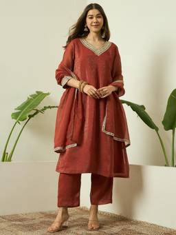 Gahan - Lace Work Fancy Pocket Chiffon Silk Kurta With Pant and Dupatta For Women - Rust