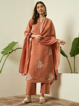 Gahan - Embroidered Cotton Kurta With Silk Blend Pant & Dupatta For Women - Peach