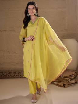 Gahan - Embroidered Cotton Kurta With Silk Blend Pant & Organza Dupatta For Women - Yellow