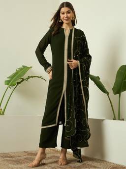 Gahan - Lace Work Georgette Kurta With Pant and Embroidered Dupatta For Women - Green