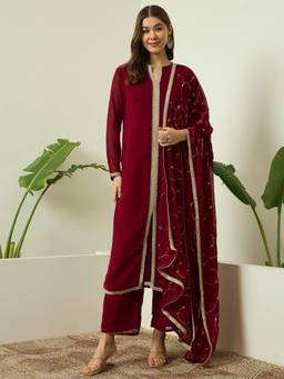 Gahan - Lace Work Georgette Kurta With Pant and Embroidered Dupatta For Women - Maroon