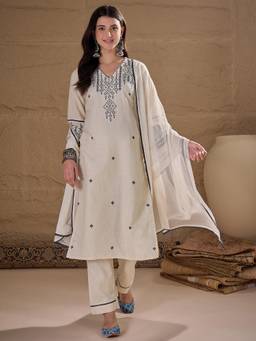 Gahan - Lace Work Georgette Kurta With Pant and Embroidered Dupatta For Women - Off White