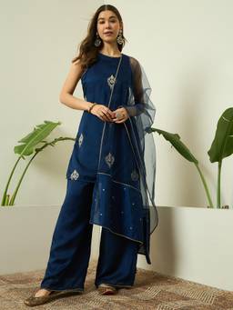 Gahan - Floral Embroidered Silk Blend Kurta With Palazzo & Net Dupatta - Navy Blue