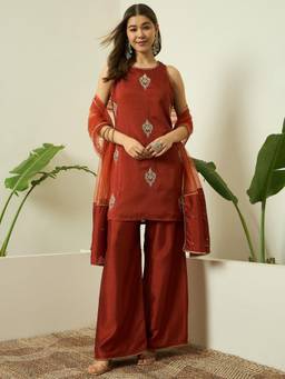 Gahan - Floral Embroidered Silk Blend Kurta With Palazzo & Net Dupatta - Rust