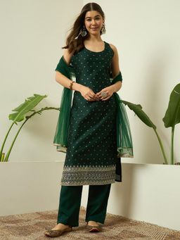 Gahan - Womens Jacquard Buti Embroidered Cotton Silk Kurta With Pant & Net Dupatta - Green