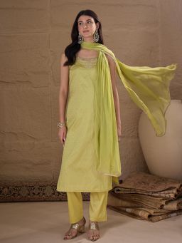 Gahan - Embroidered With Jacquard Butti Silk Blend Kurta With Pant and Dupatta For Women - Green