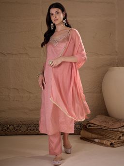 Gahan - Embroidered With Jacquard Butti Silk Blend Kurta With Pant and Dupatta For Women - Peach