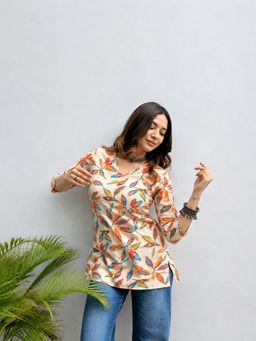 Gahan - Womens Beige Multicolor Leaf Print Rayon Kurti - Beige