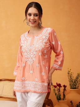 Gahan - Women Rayon Chikankari Short Kurti - Peach