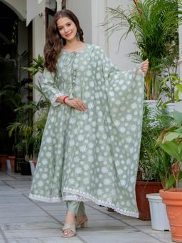 Gahan - Organza Printed Anarkali Kurta with Pant and Dupatta - Green