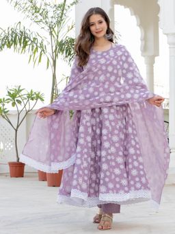 Gahan - Organza Printed Anarkali Kurta with Pant and Dupatta - Purple