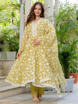 Gahan - Organza Printed Anarkali Kurta with Pant and Dupatta - Yellow