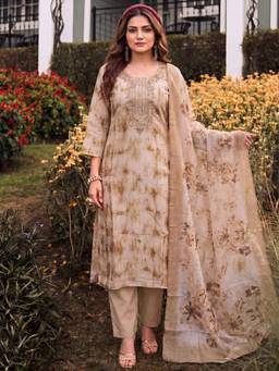 Gahan - Women Beige Printed Kurta with Pant & Dupatta - Beige