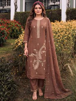 Gahan - Women Floral Printed Cotton Kurta with Pant & Dupatta - Brown