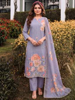 Gahan - Women Lavender Floral Printed Cotton Kurta with Pant & Dupatta - Lavender