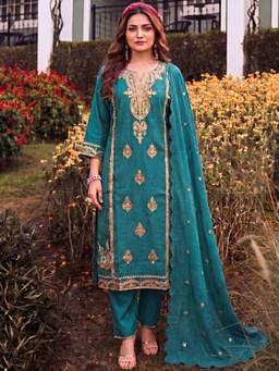 Gahan - Women Teal Embroidered Kurta with Pant & Dupatta - Teal