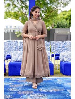 Gahan - Women Angrakha Kurta with Palazzo & Dupatta - Beige