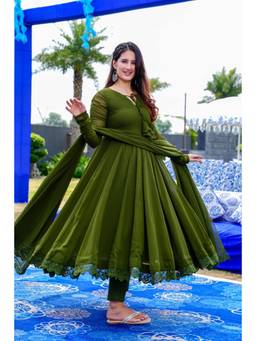 Gahan - Women Angrakha Kurta with Palazzo & Dupatta - Green