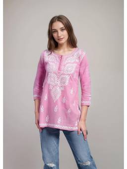 Gahan - Women Rayon Chikankari Short Kurti - Pink