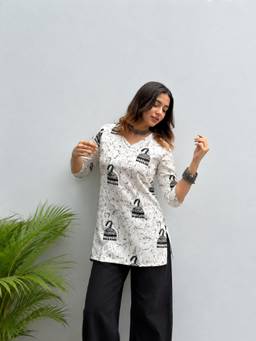 Gahan - Womens Rayon Abstract Printed V-Neck Kurti - White