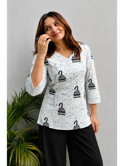 Gahan - Womens White Rayon Abstract Printed V-Neck Kurti - Blue