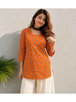 Gahan - Women Mustard Orange Ethnic Print Straight Short Kurti - Orange
