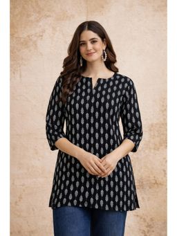 Gahan - Women Black & White Leaf Print Straight Short Kurti - Black
