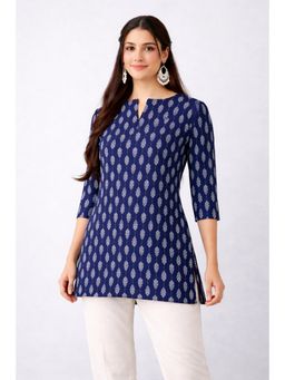 Gahan - Women Blue & White Leaf Print Straight Short Kurti - Blue