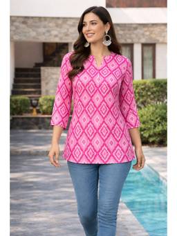 Gahan - Women Ikat Geometric Printed Mandarin Collar Short Kurti - Pink