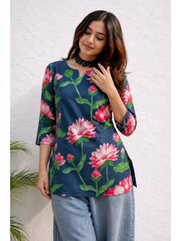 Gahan - Women Lotus Floral Printed V-Notch Neck Short Kurti - Teal