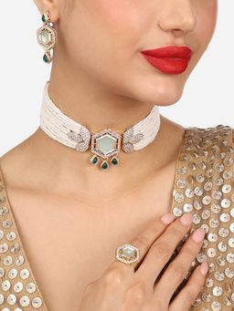 Zaveri Pearls - Green Stones Multistrand Choker Necklace Earring Ring Set - ZPFK17797