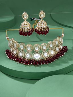 Zaveri Pearls - Maroon Cluster Beads Stone Bridal Choker Necklace Earring Set - ZPFK17932