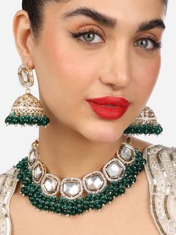 Zaveri Pearls - Green Cluster Beads Stones Necklace Statement Earring Set - ZPFK17933
