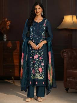 Libas - Women Blue Solid/Plain Organza Kurta and Pant with Dupatta
