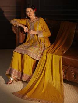 Libas - Women Yellow Embroidered Chinon Kurta and Palazzo with Dupatta