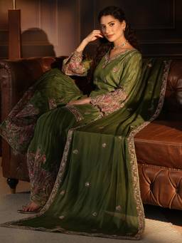 Libas - Women Green Embroidered Chinon Kurta and Sharara with Dupatta