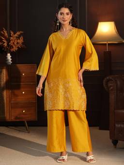 Libas - Women Mustard Floral Silk Blend Kurta with Pant