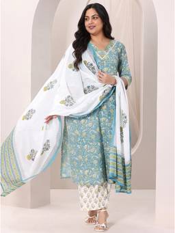 Extra love by Libas - Women Teal Printed Cotton Kurta and Pant with Dupatta