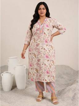 Extra love by Libas - Women Off White Printed Cotton Kurta with Trouser
