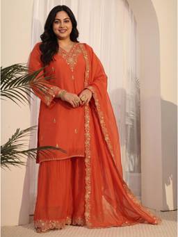 Extra love by Libas - Women Orange Floral Chanderi Kurta and Sharara with Dupatta