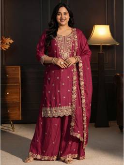 Extra love by Libas - Women Pink Embroidered Chinon Kurta and Palazzo with Dupatta