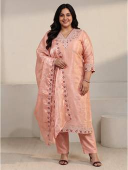 Extra love by Libas - Women Peach Embroidered Tissue Kurta and Pant with Dupatta